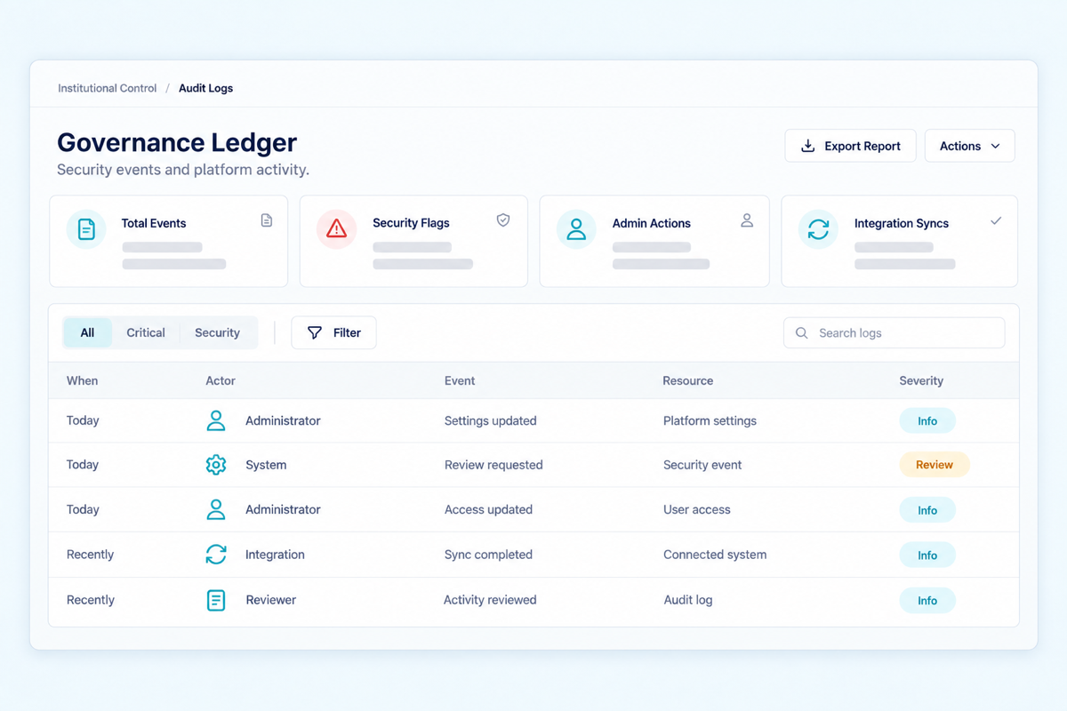 Governance ledger showing security events, admin actions, and integration syncs with severity labels